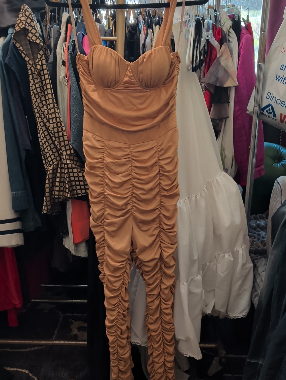 Ruched Camel Strappy Jumpsuit with Sculpted Bodice
